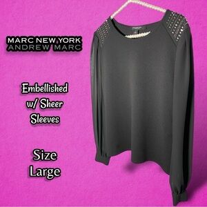 Marc New York Black Long Sleeve Embellished Shoulders Sheer Sleeves Size Large